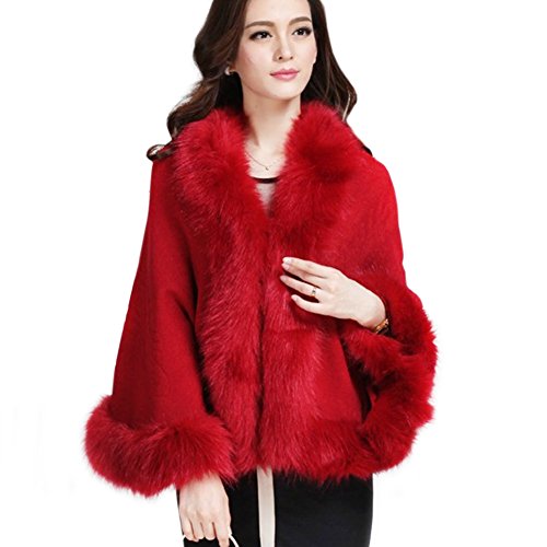 Ladies/Womens Luxury Bridal Faux Fur Shawl Wraps Cloak Coat Sweater Cape, Wine Red, One Size