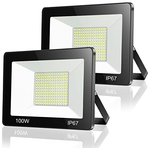 TASINUO Outdoor LED Spotlights 100W 2 Pack, IP67 Waterproof Outdoor Projector, 10000LM 7000K Super Bright Cool White Security Light, Powerful LED Lights for Terrace, Garage, Garden