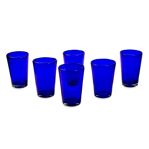 NOVICA Artisan Crafted Hand Blown Blue Recycled Glass Water Glasses, 16 oz. 'Cobalt Angles' (set of 6)