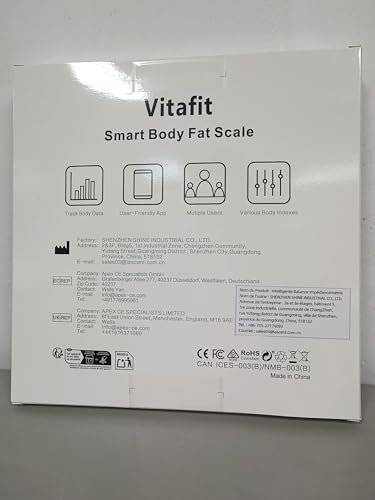 Vitafit High Accuracy 0.05 kg from Our Professional Factory Since 2001, Smart Digital Impedentiometric Scale with App Body Weight, BMI, Muscle, 180 kg, LED, Black