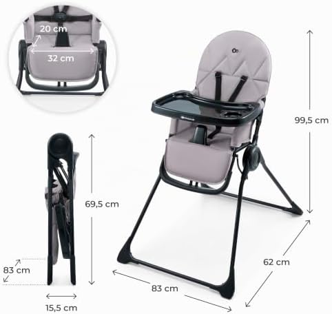 BINCI, Trona Bebé, Ligera y plegable, con Bandeja, reposapiés y Arnés de 5 puntos, Ideal para Espacios reducidos y Viajes, Gris