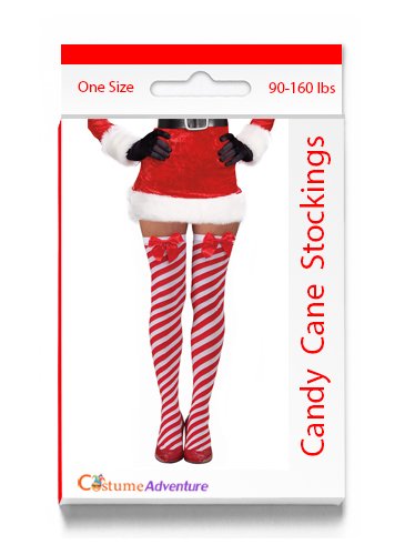 Costume Adventure Candy Cane Red and White Striped Over The Knee Christmas Stockings with Bow - Thumbnail 3