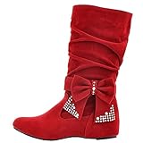 Women's Sweet Detachable Bowknot Hidden Wedge Mid Calf Slip On Boots