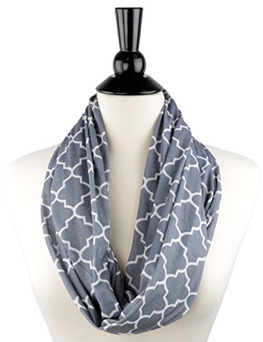 Womens Infinity Scarf w/ Zipper Pocket & Pattern Print, Infinity Scarves - Grey Scarf
