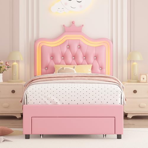 Keyluv Twin Upholstered LED Bed Frame with Storage Drawer, Leather Princess Platform Bed with Adjustable Crystal Button Tufted Crown Headboard, Solid Wooden Slats Support, No Box Spring Needed, Pink