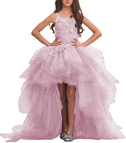 Adela Lace High Neck Pageant Dresses Ball Gown Hi-Low Appliques Kids Wedding First Communion Dress with Train AR028