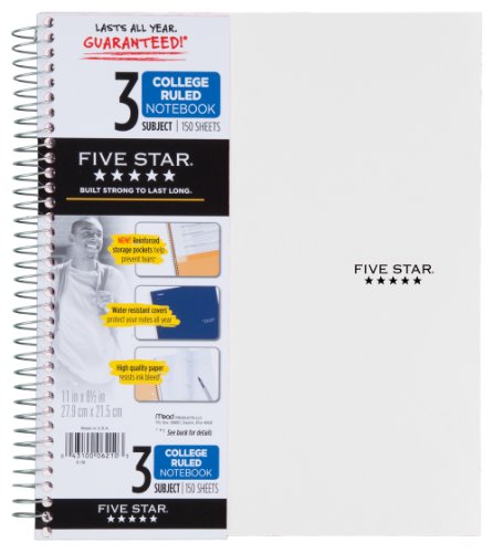 Five Star Spiral Notebook, 3 Subject, College Ruled Paper, 150 Sheets, 11″ x 8-1/2, White (72464)