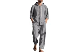 TAFLE Men's 2 Pieces Cotton Linen Set Casual Long Sleeve Henley Shirts Beach Yoga Pants Summer Outfits