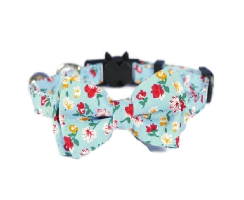 Bowtie Cat Collars with Bell | Safe Quick Release Breakaway Buckle | ZACAL Cat Collars (Light Blue Floral)