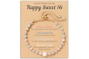 Shelucky Natural Crystal Bracelet 13th 16th Birthday Gifts for Girls - Rose Quartz Moonstone Aquamarine Healing Stones Jewelr