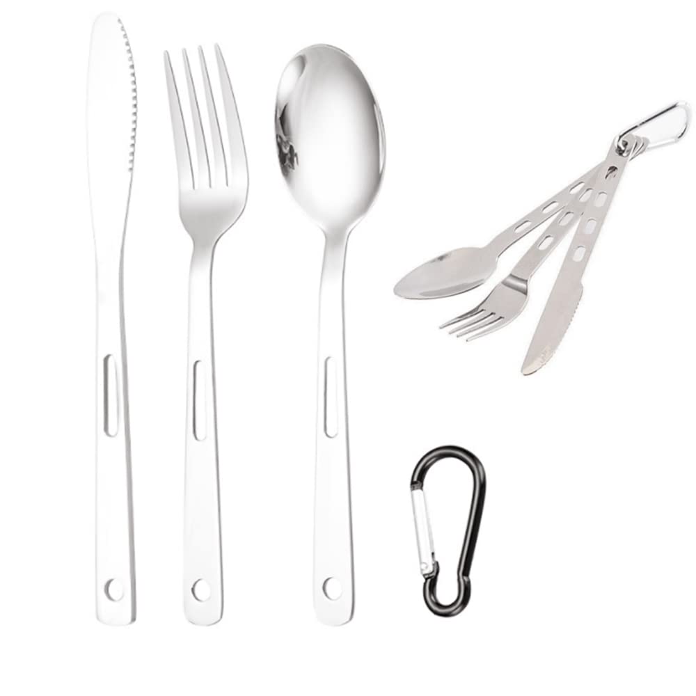 3 Pcs Travel Camping Cutlery Set Travel Camping Flatware Dinnerware Tableware Kit for One Knife, Fork and Spoon Set with Carabiner for Outdoor Travel Hiking Picnic Office School Daily Use