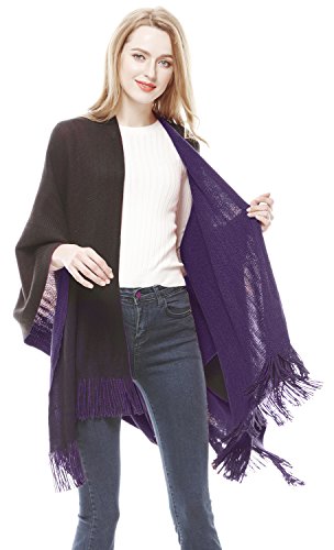 Lovful Women Winter Warm Faux Cashmere Feel Poncho Capes Scarf Shawl Cardigans Sweater Coat,BlackPurple - Thumbnail 3