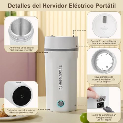 Hervidor Eléctrico de Viaje Portátil 500ML, Tetera Eléctrica de Viaje Caldera de Agua Caliente Personal Mini Taza, Hervidor de Agua Rápido Acero Inoxidable Apagado Automático para Hacer Té Café 110V