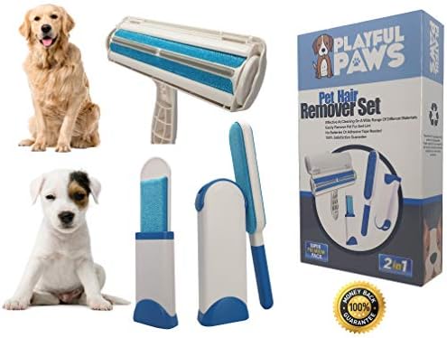 Playful Paws 3 in 1 Pet Hair Remover Brush - Lint Brush for Pet Hair Dog & Cat - Double Sided Fur Remover Tool with Self-Cleaning Base - Perfect for Car seat, Carpet and Clothes