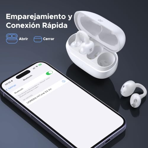 UGREEN HiTune S3 Air Audífonos Inalámbricos In Ear 35 Horas, Bluetooth 6.0 con 2 AI Micrófonos, Audífonos Open Ear 12 mm Diafragma, Control por App, IPX5 para Deportes al Aire Libre y Fitness, Blanco