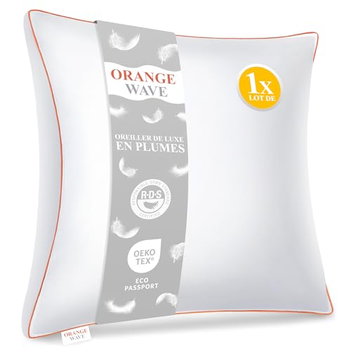 Orange Wave Feather Pillow, 60 x 60 cm, Luxury Down and Feather Pillow, Hotel Quality and Comfort Soft Pillow, RDS Certified and Oeko-TEX Certified for Optimal Support