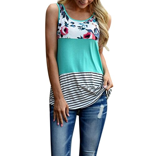 TAORE Women Floral Print Lace Patchwork Tank Top Vintage Casual Sleeveless Round Neck T-shirt Blouse (XL, Green)