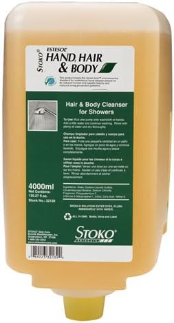 Stockhausen 32139 STOKO 4 L Bottle Clear Yellow Estesol Perfumed Scented Hand, Hair and Body Shampoo, English, 15.34 fl. oz, Plastic, 1" x 1" x 1"