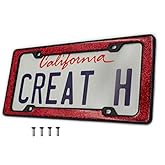 Creathome 3D Shining and Neon License Plate Frame from Pure Zinc Alloy Metal Perfect Plate Holder, Matt Black with Red Glitter