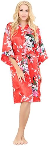 ALLINLOVER Women's Printing Peacock Satin Kimono Robes Bride and Bridesmaids Nightgown, Red, X-Large