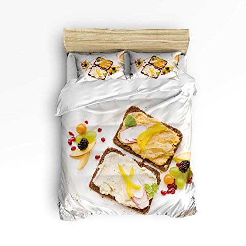 YOLIKA Luxury 4 Piece Bedding Duvet Cover Sets All-Season Ultra Soft Microfiber Quilt Cover Bedspread and Pillow Shams for Adult/Kids/Teens, Queen Size - Breakfast Fruit and Bread