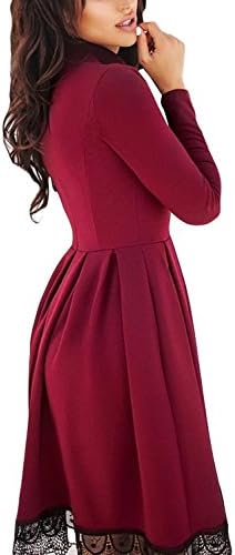 LOSRLY Women Mock Neck Long Sleeve Pleated Lace Hem Skater Midi Dress