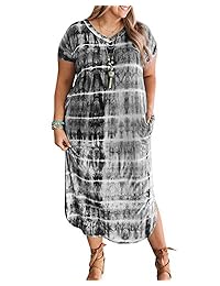 Vestido largo para mujer con cuello en V, manga corta, teñido de corbata, con bolsillos, para verano