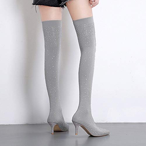Fainosmny Women Sexy Nightclub High Heels Shoes Drill Elastic Boots Pointed Stockings Over-The-Knee Boots Shoes Gray