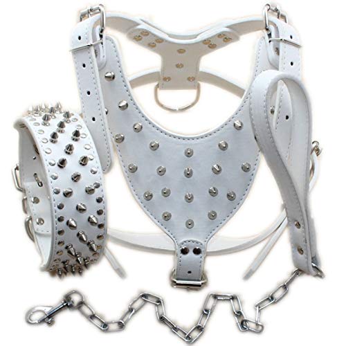 haoyueer Leather Spiked Studded Medium & Large Dog Collars, Harnesses & Chain Leashes 3Pcs Matching Set for Pit Bull,Mastiff, Boxer, Bull Terrier (XL, White)