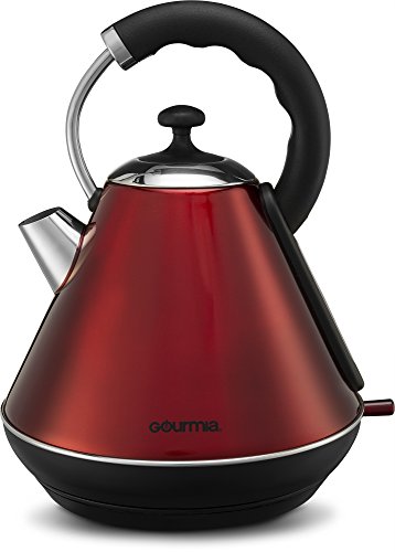 Click Here to See More Images Gourmia GK270 Electric Retro Kettle - Fast Water Boiling - Rear Water Gauge - Cordless Carry - 360° Swivel Base - Auto Shut Off - Boil Dry Protection - 1.8L / 2 Qt - 1500W - Red/Stainless Steel