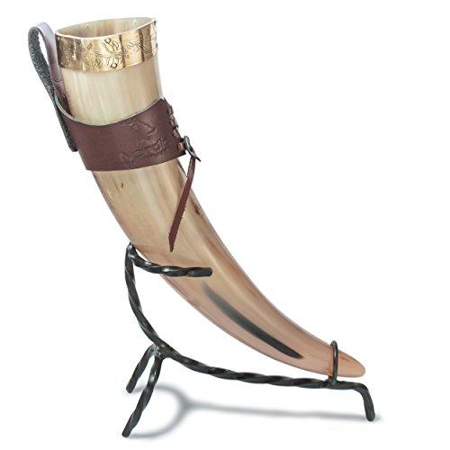 Viking Drinking Horn  Smell Free 24oz Medieval Natural Handcrafted Horn with Leather Holder and Iron Stand by Nordic