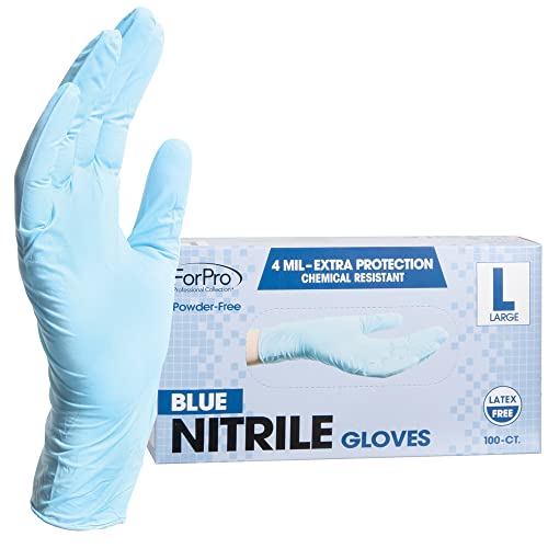 ForPro Professional Collection Disposable Nitrile Gloves, Chemical Resistant, Powder-Free, Latex-Free, Non-Sterile, Food Safe, 4 Mil, Blue, Large, 100-Count