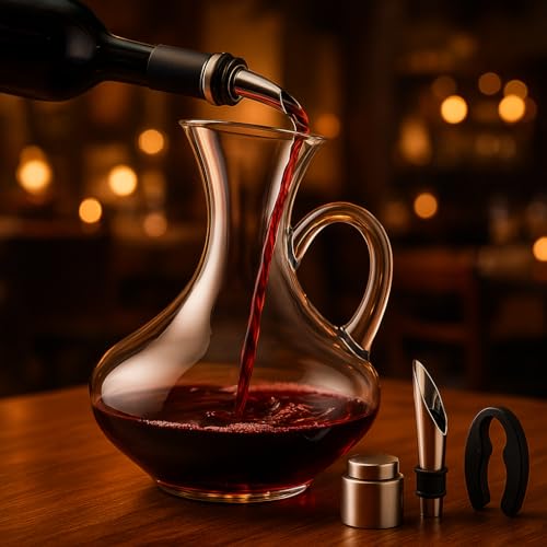 Kit de Vinho Premium com Decanter de Vidro 1500ml e Acessórios – Bico Dosador, Tampa Hermética, Anel Anti-Gotas e Cortador de Lacre – Presente Elegante
