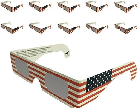 Solar Eclipse Glasses (10 Pack) - CE and ISO Certified for Safe Viewing - Sunglasses Safety Goggles USA America Flag Design - Made in America