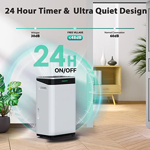 FREE VILLAGE Dehumidifier, 45 Pints Dehumidifier for Home Up to 3500 Sq. Ft, with 3.3ft Drain Hose, Auto Drainage, Auto Shut Off, 24 Hr Timer, Washable Filter, Dehumidifiers for Basement, Bathroom
