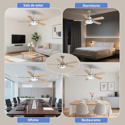 Ventilador de Techo con Luz LED 42" - Abanico de Techo Silencioso con Motor DC, 6 Velocidades, Aspas Reversibles (Madera/Plateado), Control Remoto, Ideal para Sala, Dormitorio u Oficina,5 aspas
