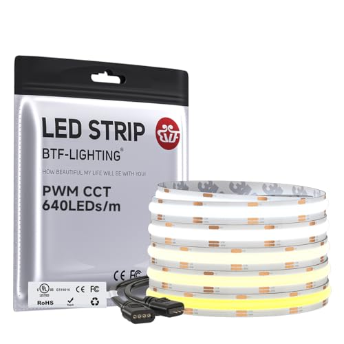 BTF-LIGHTING FCOB COB FOB Flexible High Density CCT LED Strip 5 m 640LEDs/m Tunable 3000K-6500K CRI>90 Dimmable Malleable LED Strip Light for Bedroom Kitchen Interior Decoration DC24V