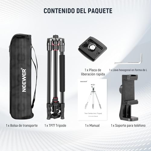 NEEWER Trípode de Cámara de 77 Pulgadas con Rótula de Bola Panorámica de 360°,Columna Central de 2 Ejes,Placa QR Tipo Arca, Aluminio Compacto,Ligero,Carga Máxima de 34 lb, Bolsa de Transporte Incluida