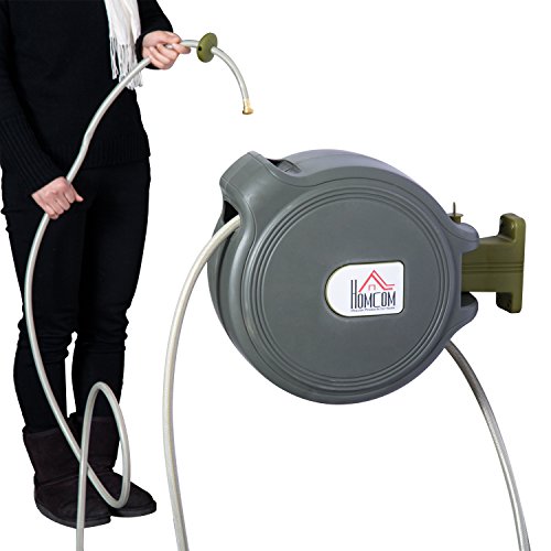 HOMCOM 1/2" x 65' Retractable Auto-Rewind Wall Mounted Garden Water Hose Reel - Thumbnail 3