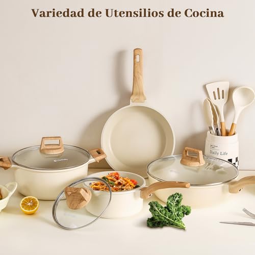 CHEFOLLA Sartenes Antiadherentes 12 Piezas, Bateria de Cocina, Juego de Sartenes de Induccion, Juego de Ollas y Sartenes, Fácil Limpieza, con Sartenes y Cacerolas, Granito Blanco