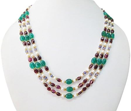 Anushruti Multi-strand Garnet Green Onyx Pearls & Iolite Beaded Necklace 16" Handmade Jewelry