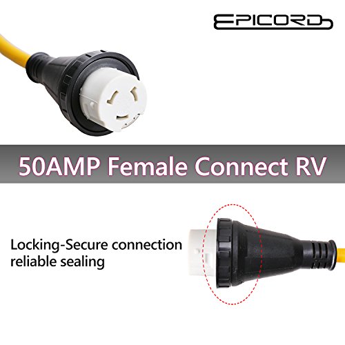EPICORD RV Extension Cord 50Amp For Trailer Motorhome Camper with Grip Handle Plug, Locking Connector, 30F 125VT
