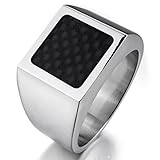 INBLUE Men's Stainless Steel Carbon Fiber Ring Silver Tone Black Checkered Square