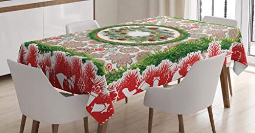 ABAKUHAUS Christmas Tablecloth, Fir Tree Wreath with Vivid Bauble Ornate Flowers Bells Presents Print, Dining Room Kitchen Table Cover, 54" x 94", Green Red — image 1