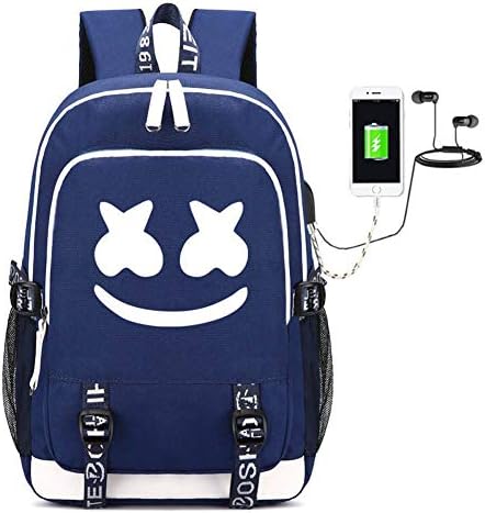 Mysterious Marshmello DJ Marshmallow Backpack, USB Charging Backpack, Student Bag (Blue)