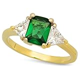 Gold Plated Emerald-Cut Forest Green CZ Three-Stone