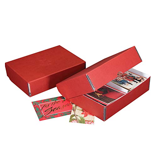 Lineco Archival Red Faux Leather Greeting Card with Holly Embossing, Clamshell Storage Design Box. Includes Divider for Cards up to 6″x8.5″. Preserve Birthday/Holiday Cards Greeting Box.