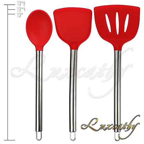 Luxcathy 304 Stainless Steel and Silicone Kitchen Utensil Set , 10-Pieces with Spoon, Spatula Tools, Pasta Server, Ladle, Strainer for Pots and Pans Non-Stick Heat Resistant Silicone (Red)