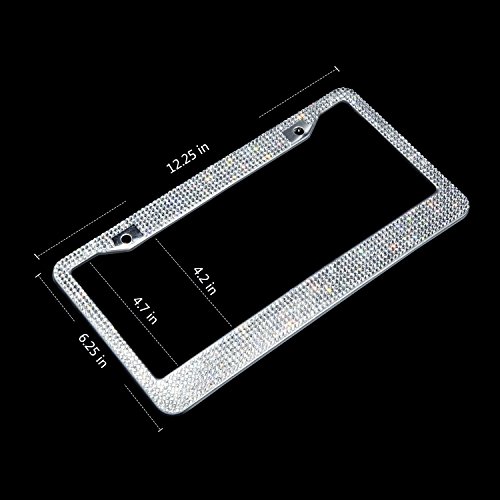 2 Pack Bling License Plate Frames, Ailuki Luxury Pure Handmade Waterproof Glitter 1000+ Rhinestone Crystal Premium Stainless Steel Licence Plate with Anti-Theft Screw Caps for Front and Back License