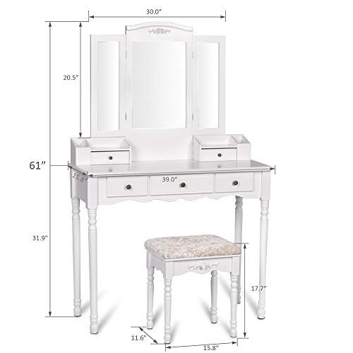Vanity Stool Set, Make Up Table with 5 Drawers, Tri-Folding 3 Mirrors, Cushioned Stool Easy Assemble White - Thumbnail 2